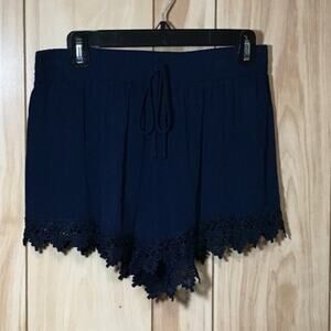 Ambiance Apparel Navy Blue Sheer Short Shorts Lace Hem L